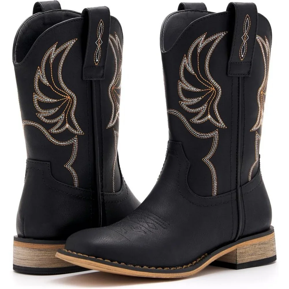 ⚡Girls Black Embroidered Cowgirl Boots Western Square Toe Mid Calf Riding Shoes